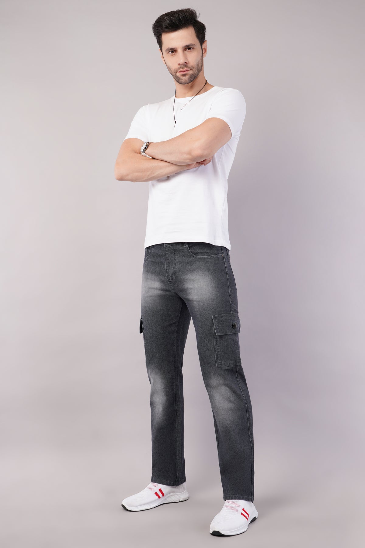 Men's Denim Cargo Jeans ( 6018_Grey )