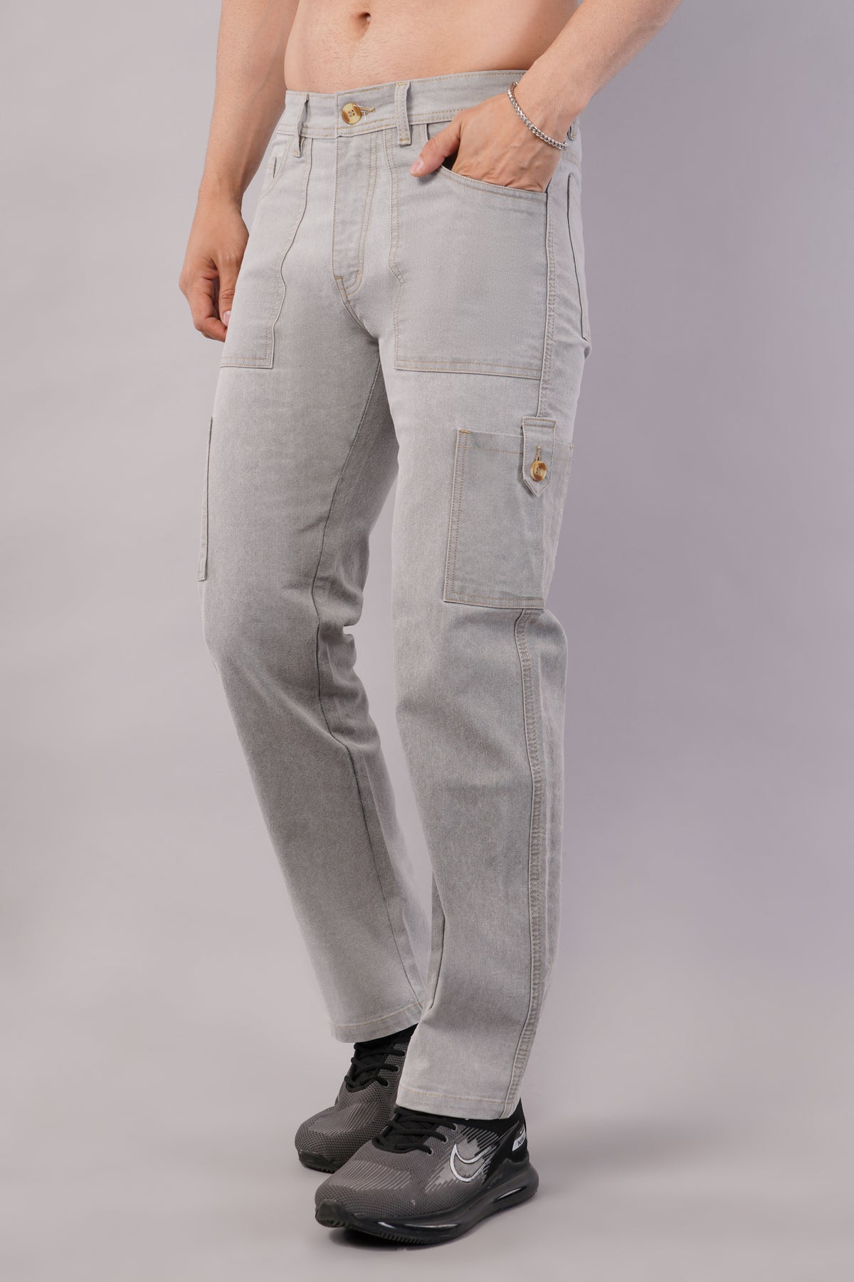 Men's Denim Cargo Jeans ( 6006_Offwhite )