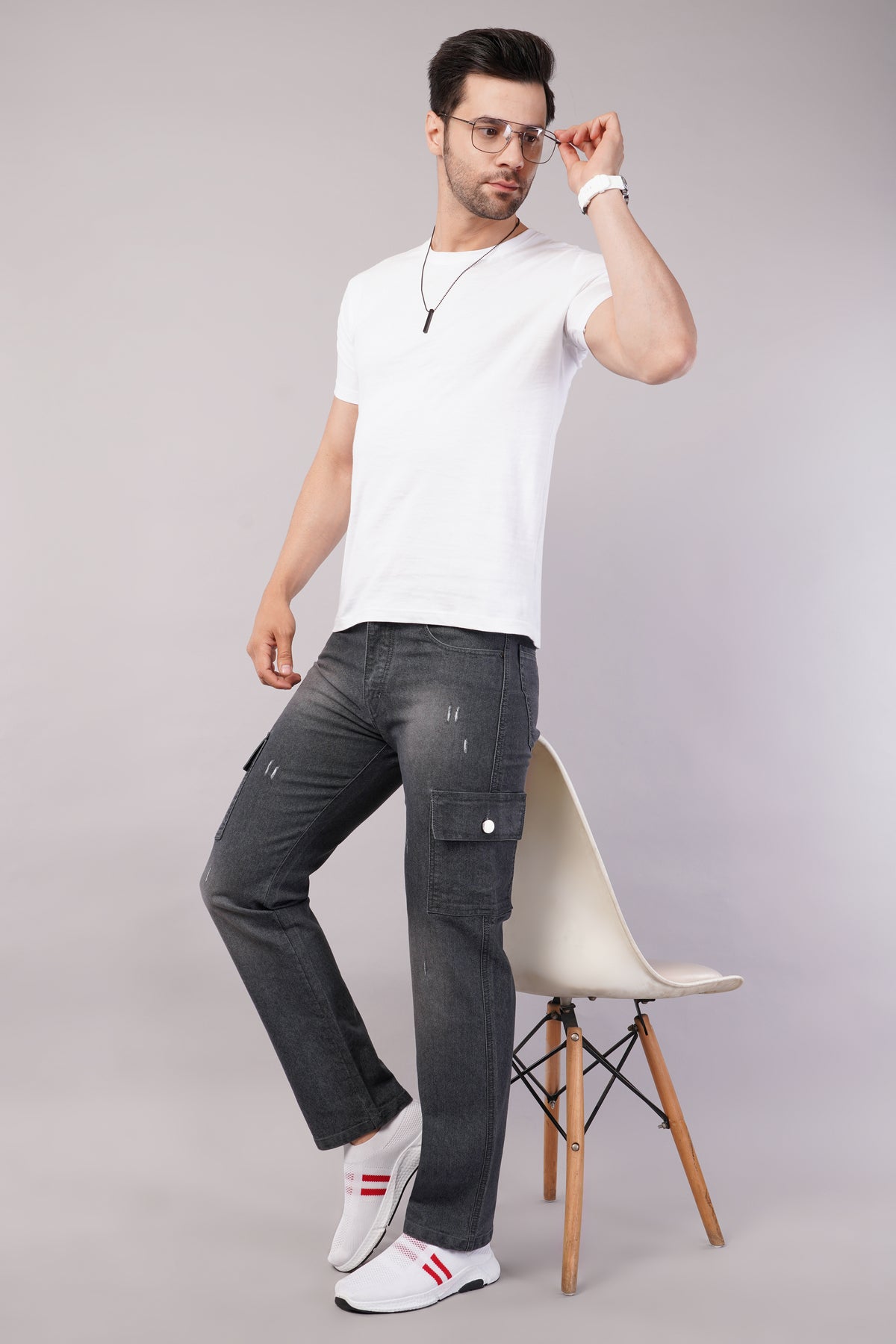 Men's Denim Cargo Jeans ( 6016_Grey )