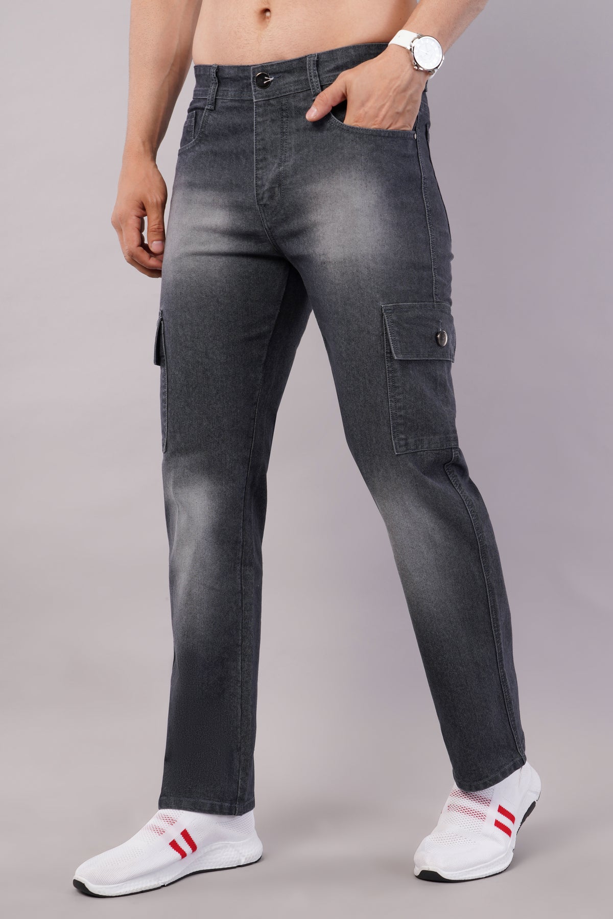 Men's Denim Cargo Jeans ( 6018_Grey )