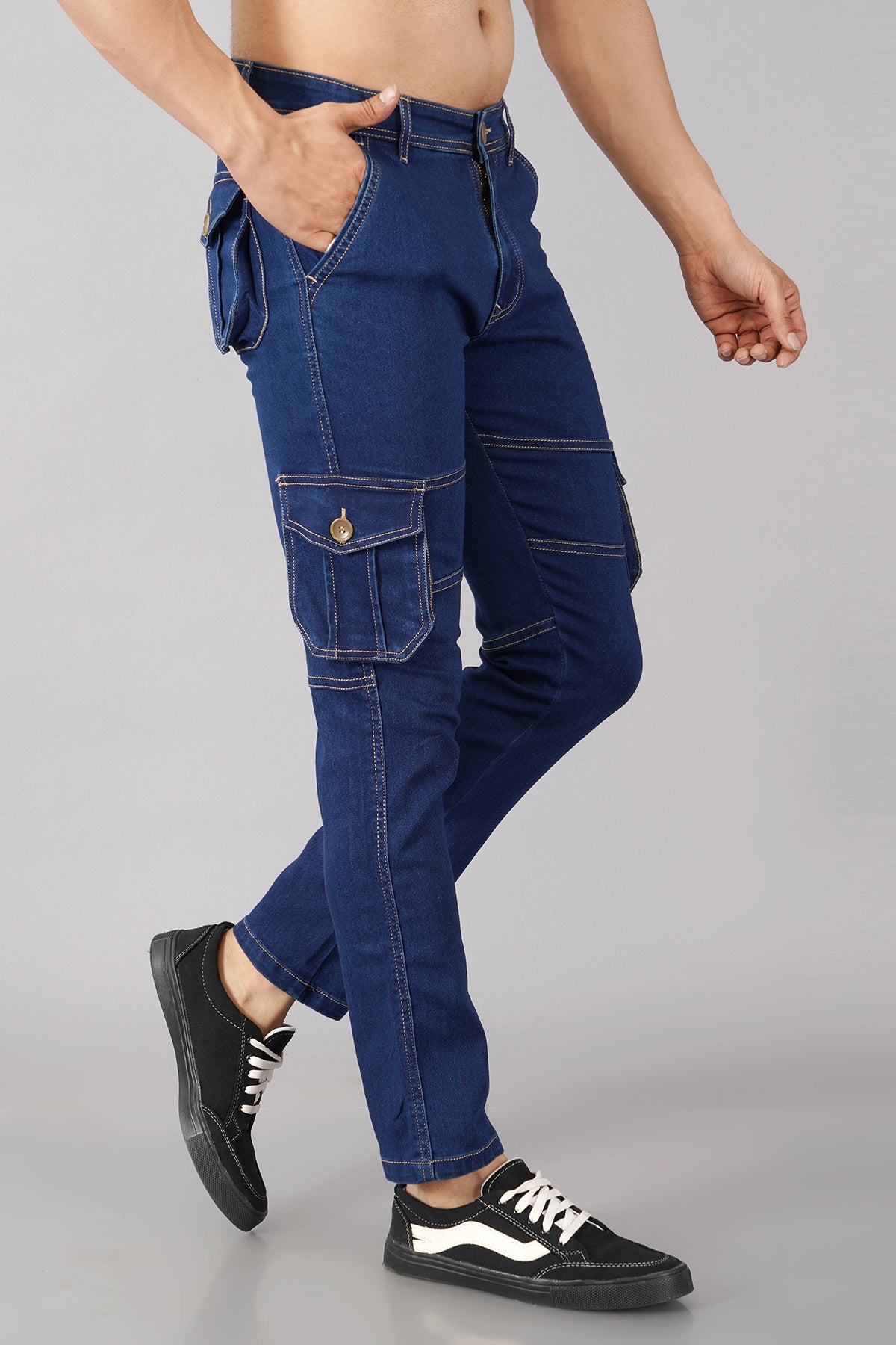 Men's Denim Cargo Jeans ( 6002_Hard_Blu )